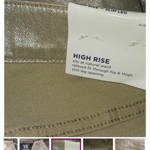 LANDS' END HIGH RISE SLIM LEG FOILED METALLIC GOLD JEANS - Picture 2 of 4